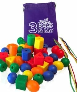 3 Bees & Me Fine Motor Skills Toys - 50 Jumbo Lacing Beads for Toddlers and Kids - Color Sorting Toy